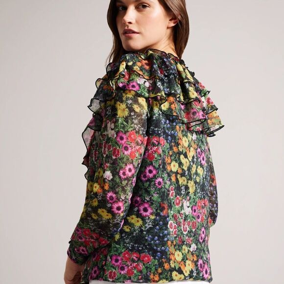 NWOT New Ted Baker Amell Black Multi-Colored Floral Ruffle Blouse US 6/M (TB 2) - Picture 6 of 16
